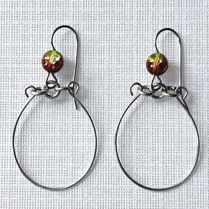 Silver Tone Wire Earrings Hooks Dangle Hoop Crackle Glass Pierced Artisan Unique
